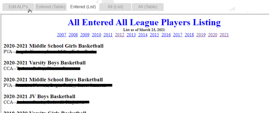 All League Players -- only entered -- in a table