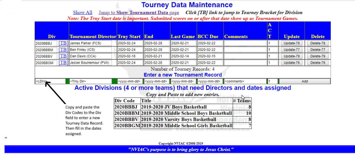 Tournament Data Maintenance Page